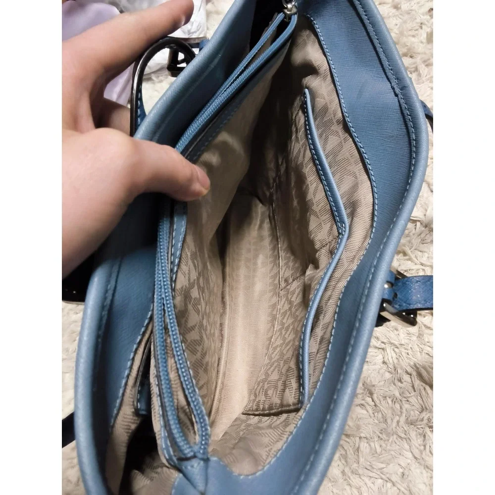 2.Michael Kors Saffiano Leather Two Tone Blue Tote Bag Silver Hardware Charm